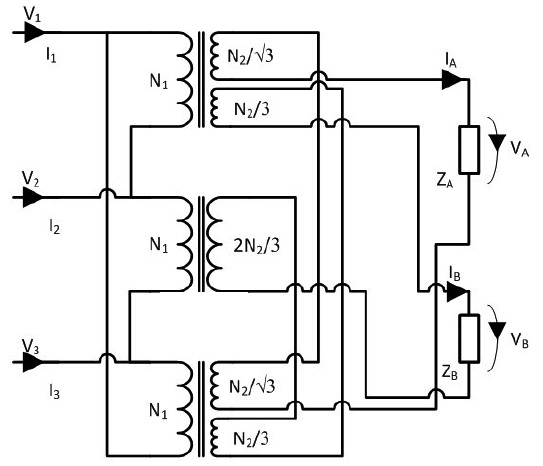 Diagrama do transformador na configuração Le Blanc convencional.