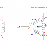 Diagrama do transformador Le Blanc em fechamento alternativo em losango (◄►) com tap central.