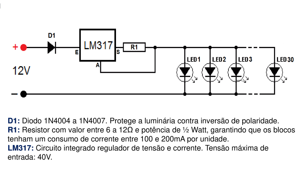 Diagrama esquemático do circuito de conversão dos blocos autônomos para a tensão de 12V, usando o circuito regulador LM317.